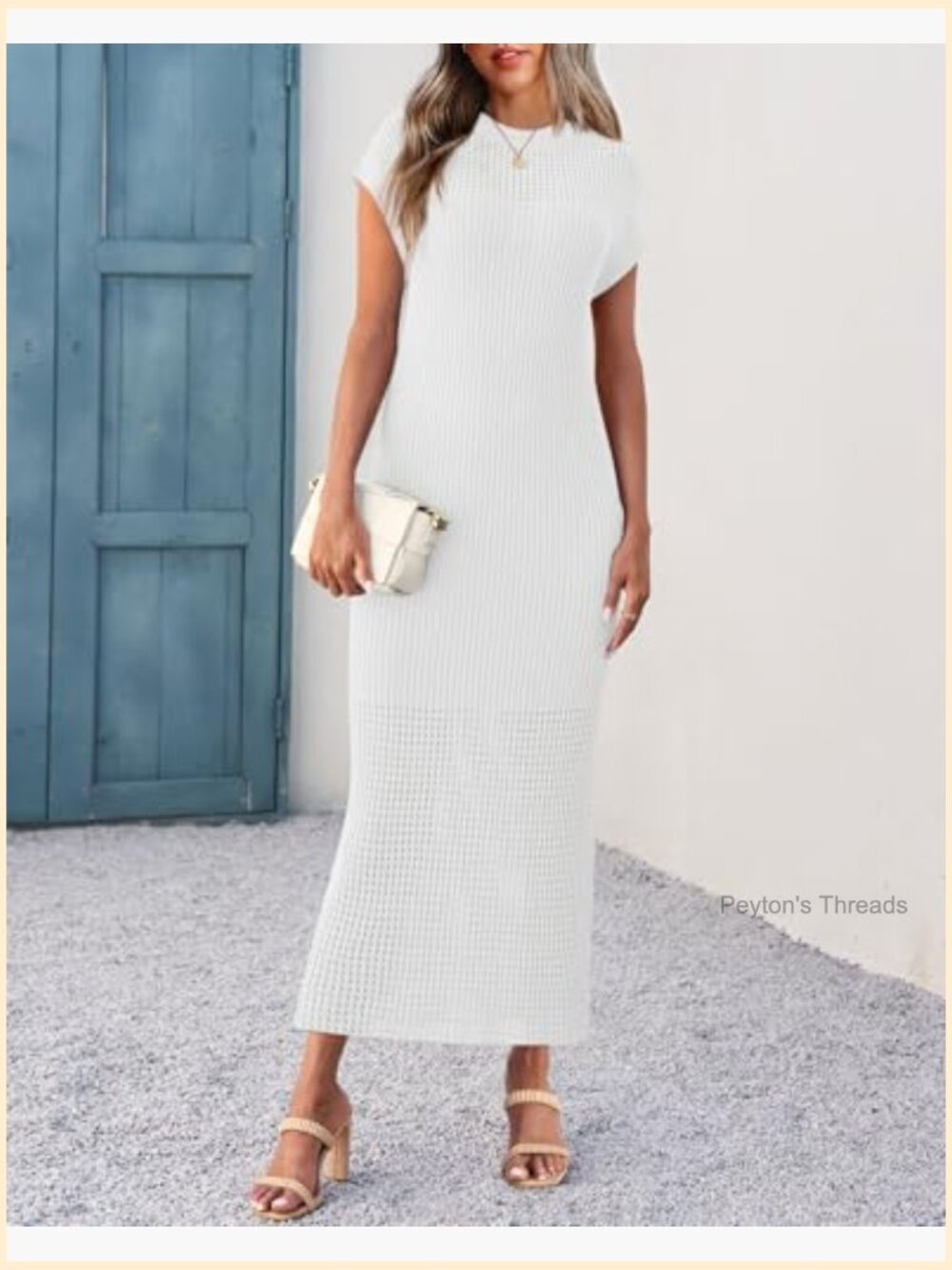 Ribbed Knit Maxi Dress Cap Sleeve Crewneck Casual Summer Beach Dress - Picture 3 of 7